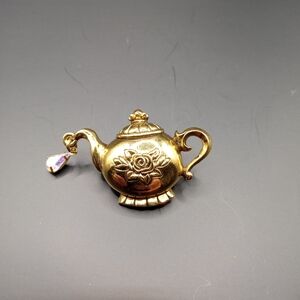 Gold Teapot Brooch with Crystal Charm